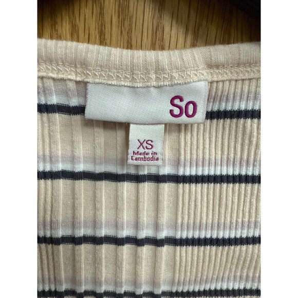 Striped Ribbed Button-Front Short Sleeve Crop Top XS By So Beige/Black - Picture 3 of 6